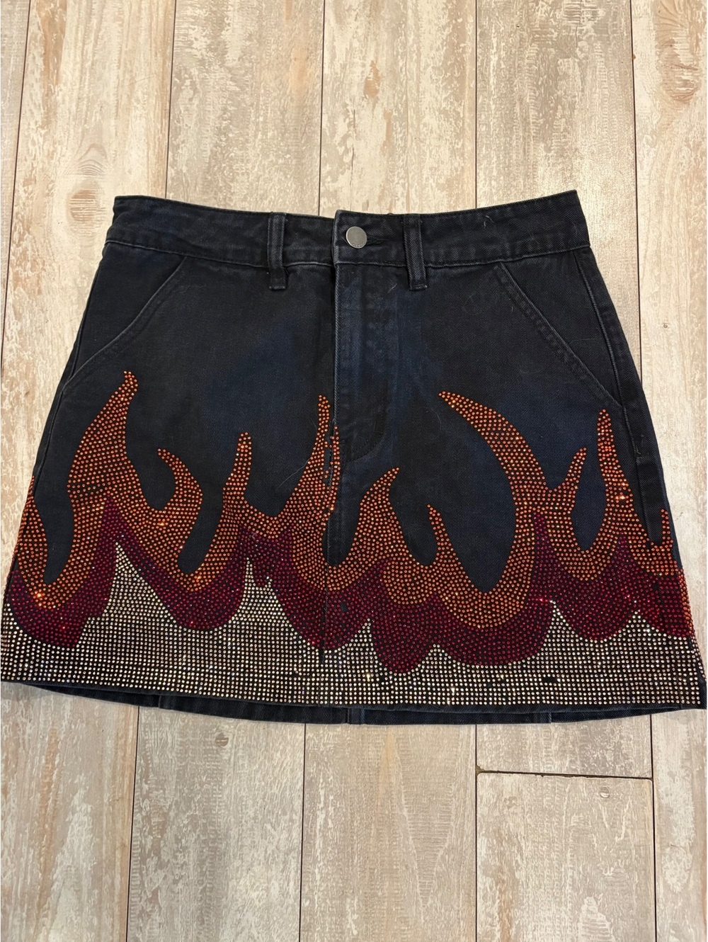 Cider Denim Black Rhinestone Flame Mini Skirt Size S Y2K Festival Moto